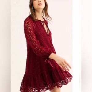 Free People Jenny Lace Mini Maroon Wine Crushed Velvet Sheer Lace Dress Medium